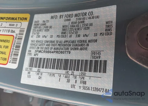 2023 Ford Bronco Sport Big Bend z USA, uszkodzony, nr VIN 3FMCR9B64PRD80779